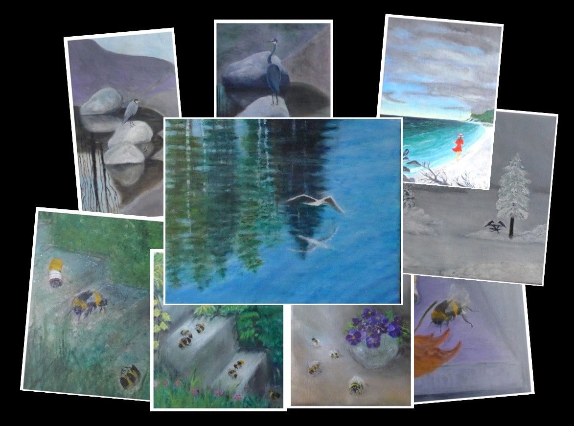 vignett fåglar och humlor